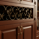 Close-up detail of a traditional boiserie wooden panel with integrated wine bottle holders, warm mah