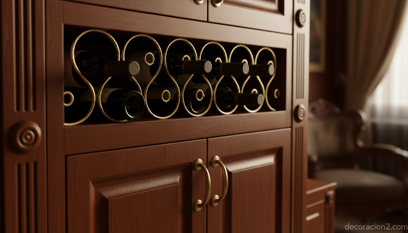 Detalle de panel boiserie con portabotellas en cocina Barrique