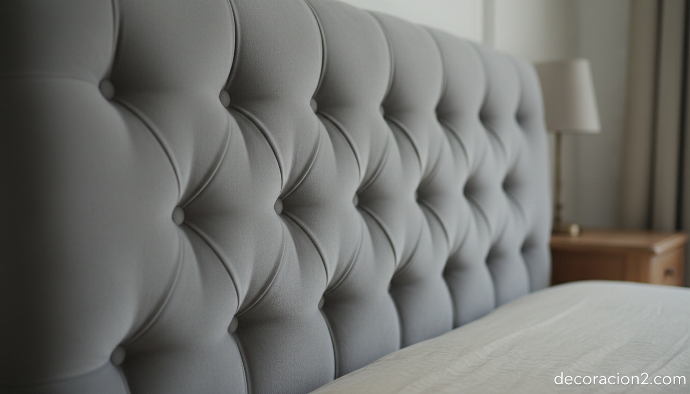Detalle de cabecero capitoné de terciopelo restaurado en tono gris perla