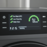 Close-up detail of a washing machine control panel showing eco-friendly program settings and energy