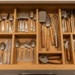 Close-up detail of an organized kitchen drawer interior with wooden dividers separating cutlery, ute