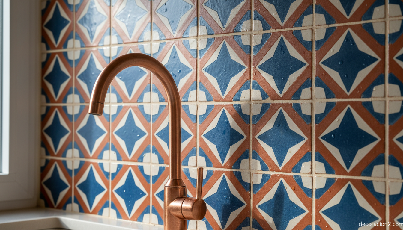 Detalle de azulejos artesanales en el salpicadero de una cocina decorada con estilo