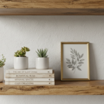 Close-up detail of floating wooden shelves on a white wall, showing wood grain texture, small succul