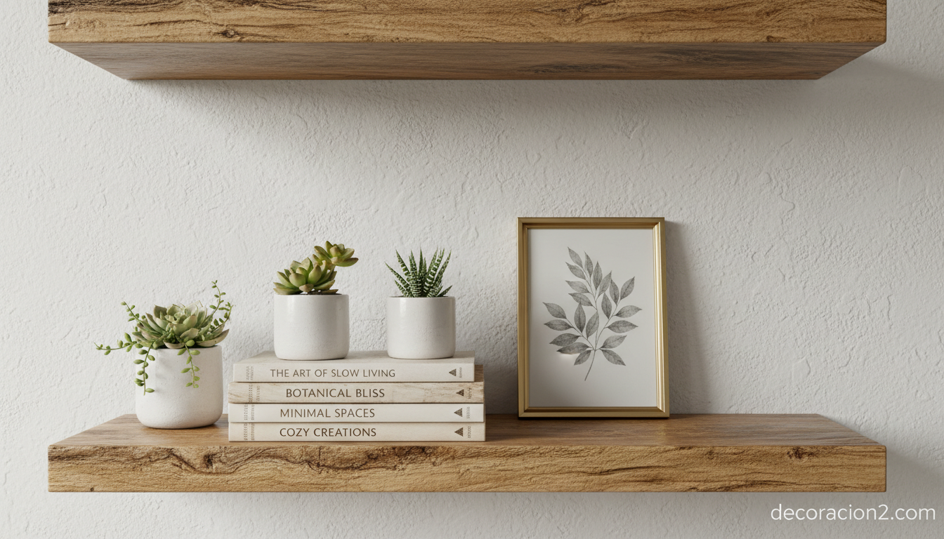 Detalle de baldas flotantes de madera con plantas suculentas y libros