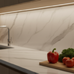 Close-up detail of LED strip lighting under upper kitchen cabinets illuminating a marble countertop,