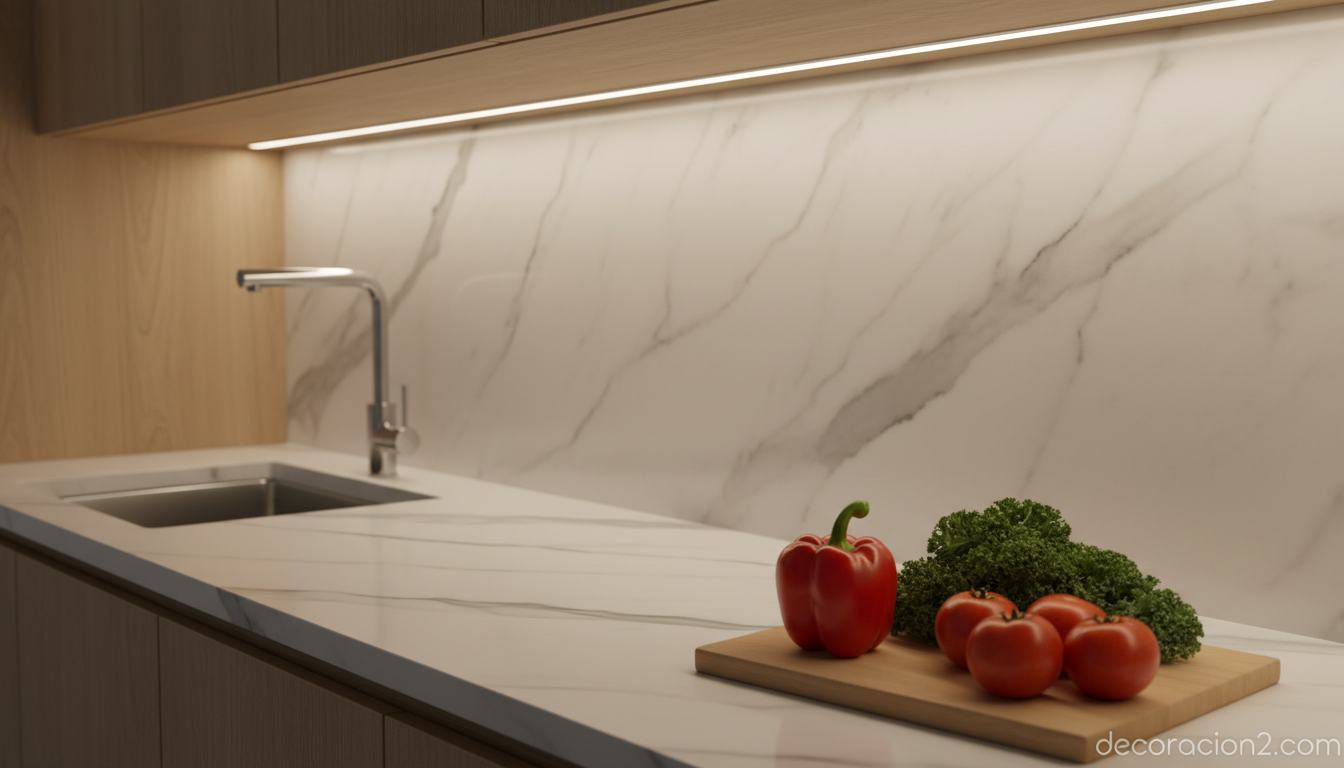 Iluminación LED bajo muebles altos de cocina sobre encimera