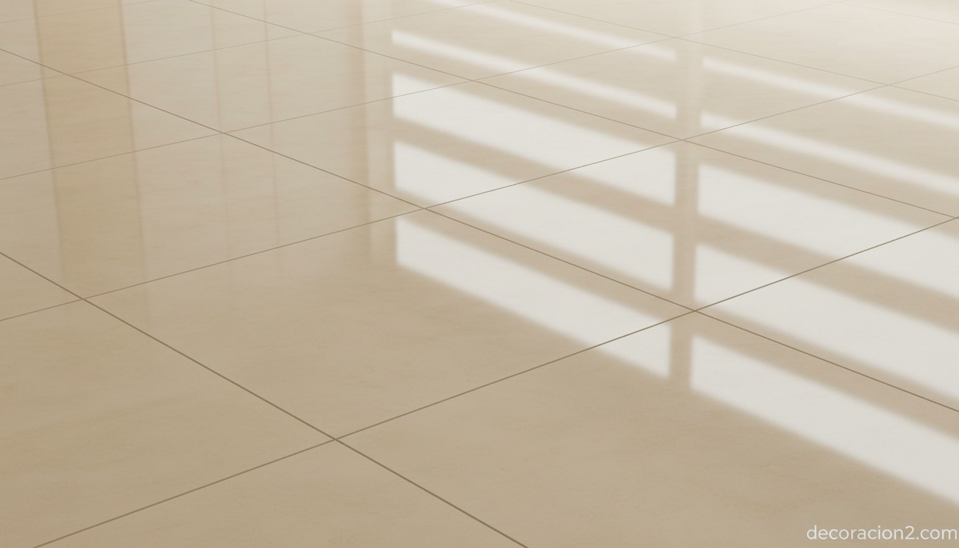 Detalle de suelo de porcelánico pulido con acabado brillante en tono crema