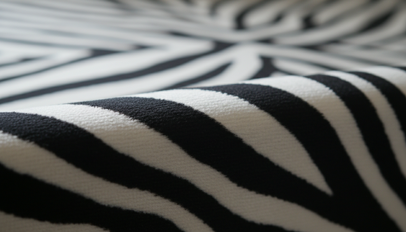 Detalle de textura de terciopelo con estampado de cebra en blanco y negro