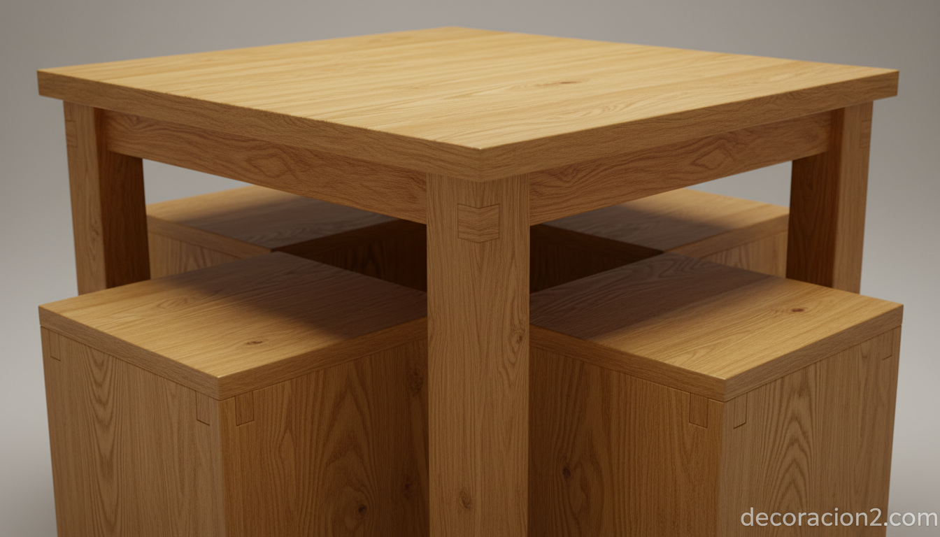 Detalle de taburetes de madera guardados bajo mesa compacta para espacios pequeños