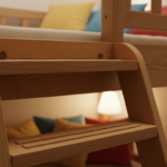 Close-up detail shot of a bunk bed ladder with anti-slip wooden steps, showing the texture of natura