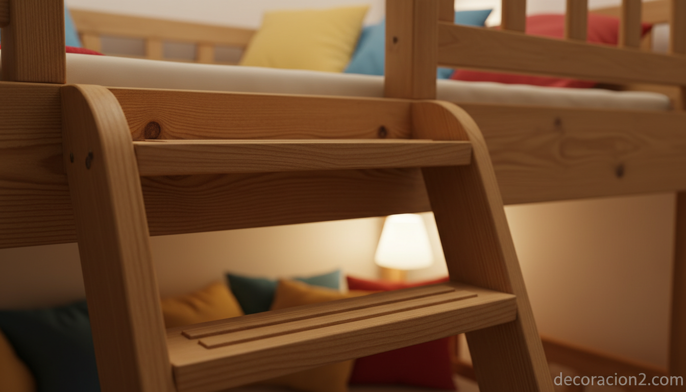Detalle de escalera de litera de madera con peldaños antideslizantes