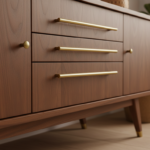 Close-up detail shot of a mid-century modern walnut sideboard, showing brass handles, tapered wooden