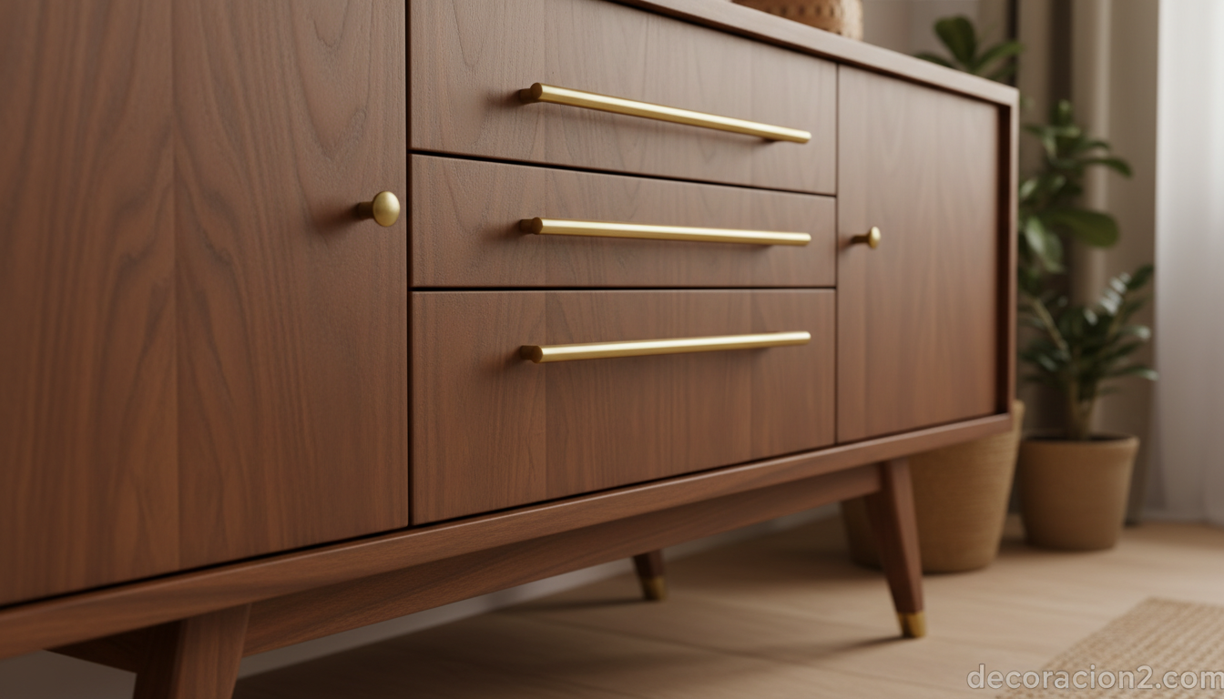 Detalle de aparador vintage mid-century en nogal con tiradores de latón