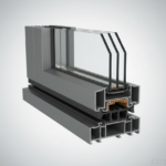 Close-up detail shot of a modern aluminum window profile cross-section showing thermal break technol