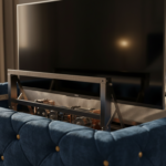 Close-up detail shot of a motorized TV lift mechanism smoothly rising from the foot of a luxurious u