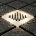 Close-up detail shot of a single square solar brick glowing with soft warm white LED light, embedded