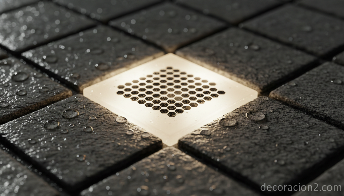 Detalle de un ladrillo solar LED empotrado en pavimento de granito