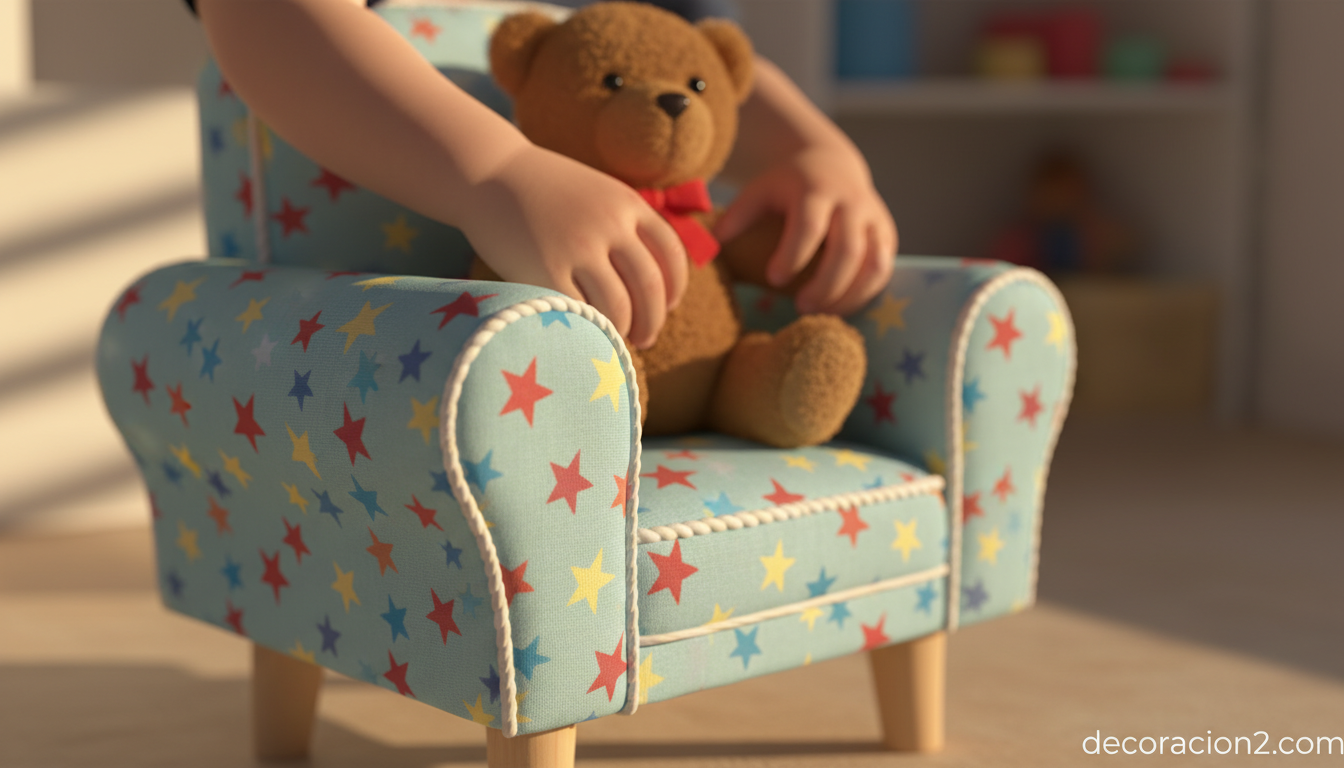 Detalle de tapizado y materiales de un sillón infantil de algodón
