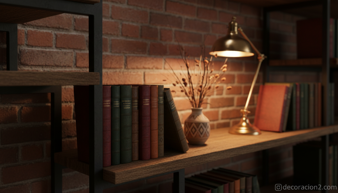 Detalle de baldas metálicas con libros vintage en estilo industrial bajo escalera