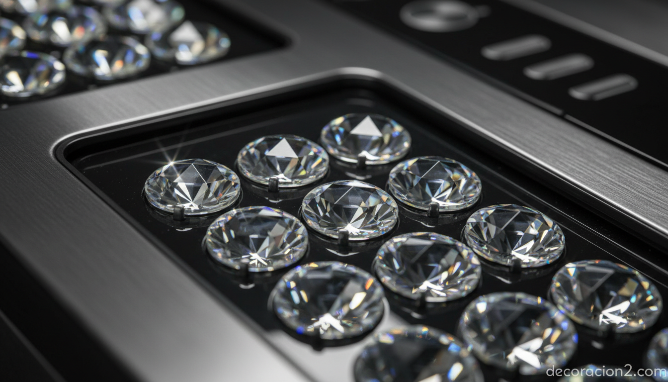 Detalle de cristales Swarovski incrustados en cafetera premium de diseño