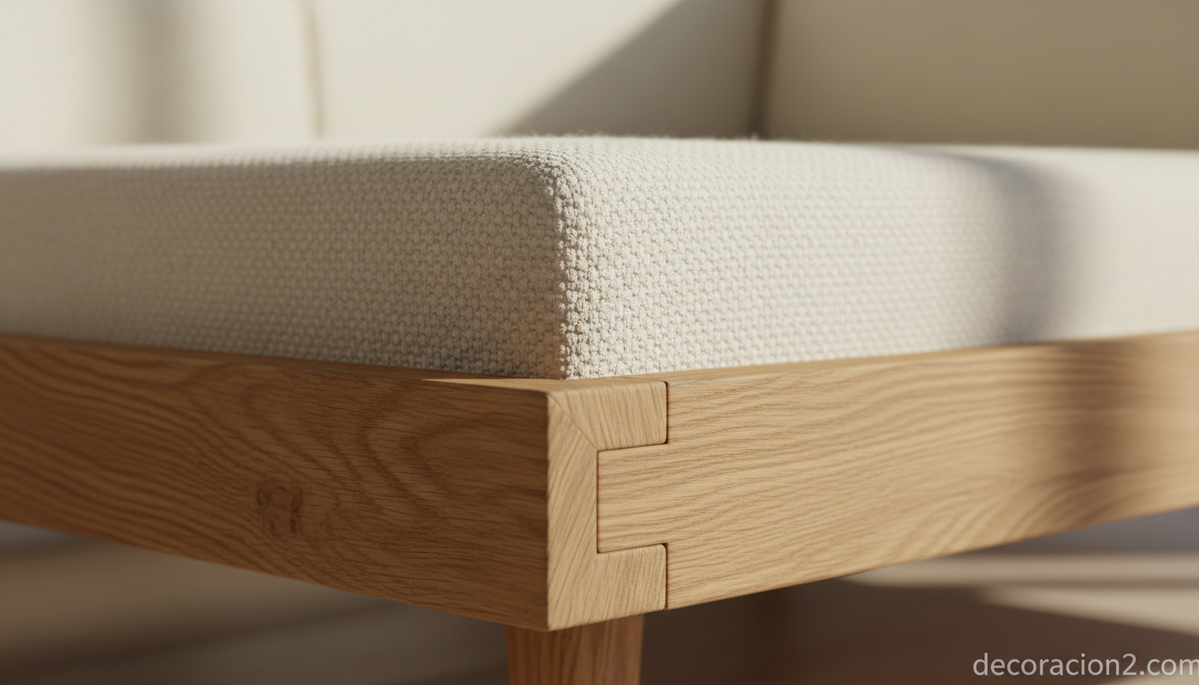 Detalle de la unión entre madera de roble y tapicería de lana del daybed ecológico