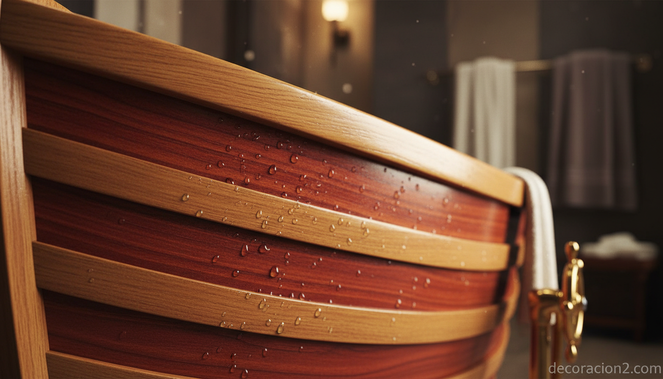 Detalle de las tablillas de madera de cedro rojo y roble de una bañera con forma de barca