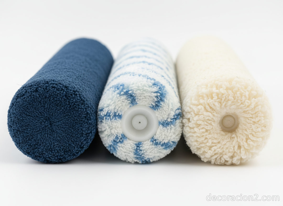 Comparación de texturas de rodillos: velour de pelo corto, microfibra y lana de pelo largo