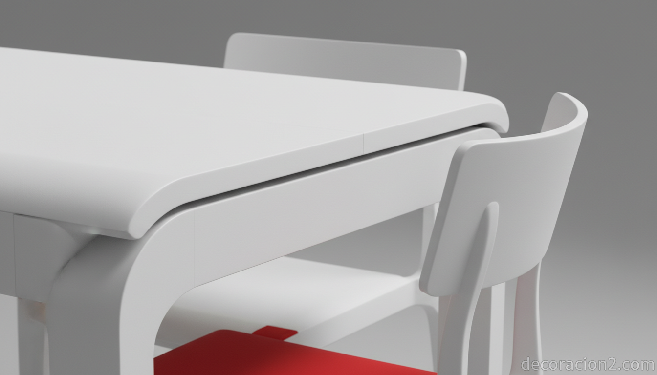Detalle del encaje de silla en mesa minimalista Kitchenette