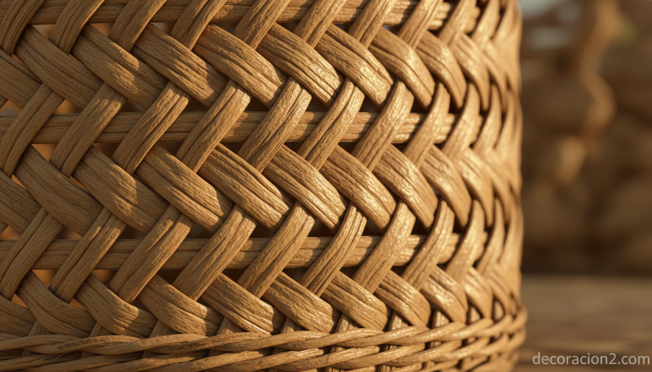 Detalle de la trama tejida de una cesta de mimbre artesanal