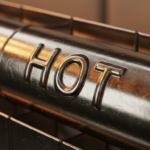Close-up macro detail of a chromed metal radiator surface with the word ‘HOT’ embossed using vacuum pressing technology. H…