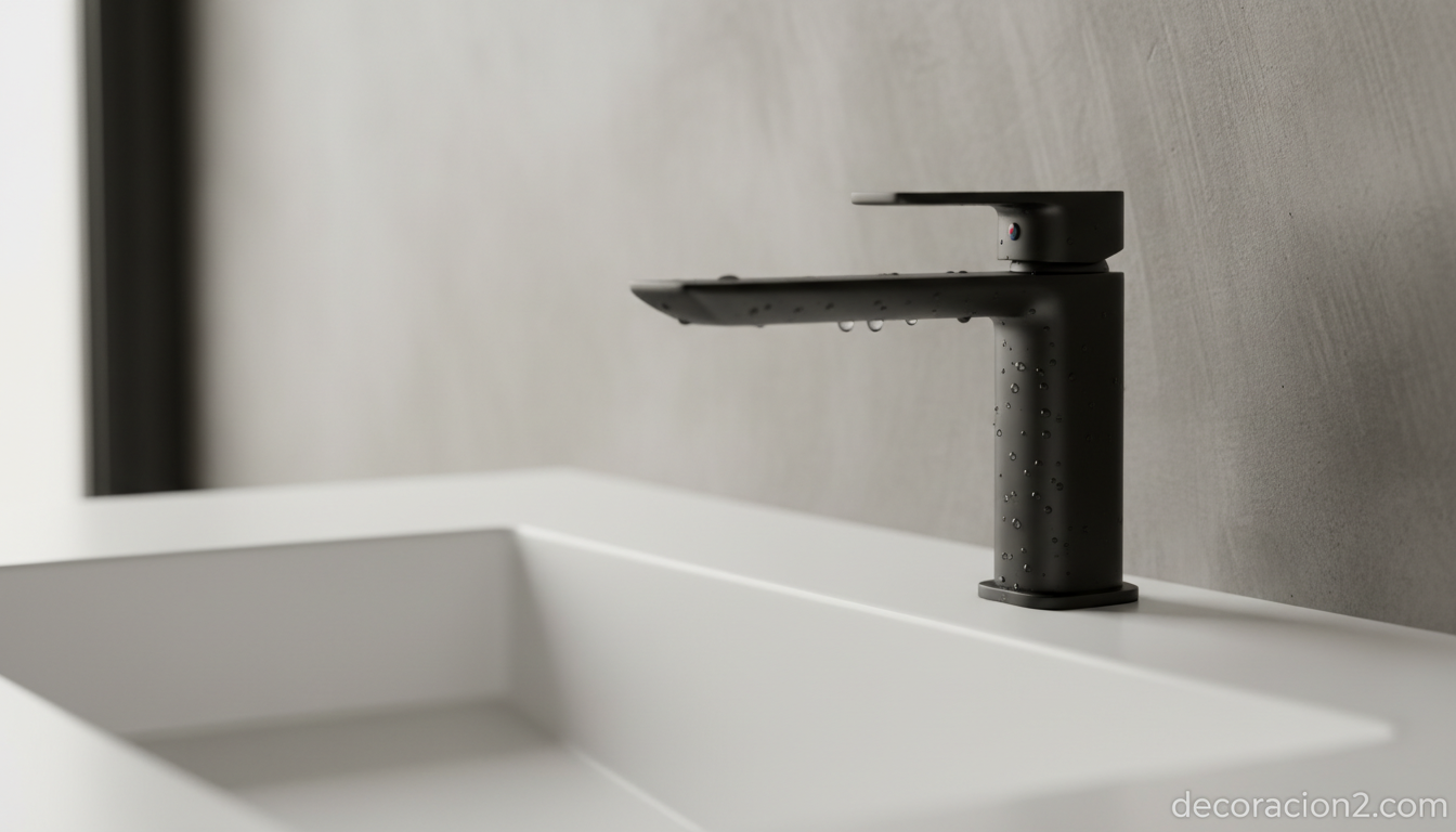 Detalle de griferia negro mate en lavabo de baño minimalista