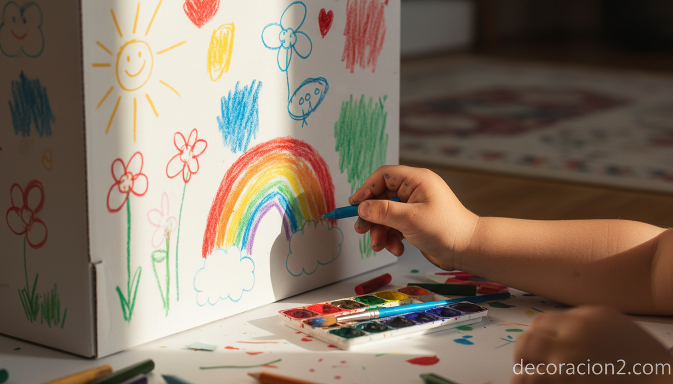 Mano de niño pintando con ceras una casita de cartón blanca