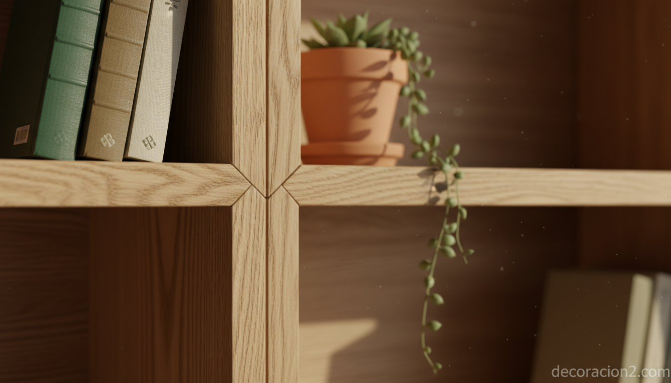 Detalle de la madera y ensamblaje de un módulo de la estantería Logia