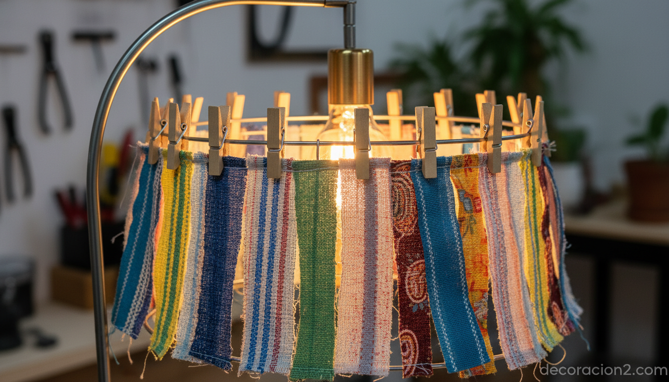 Detalle de tejidos reciclados sujetos con pinzas en estructura metálica de lámpara artesanal