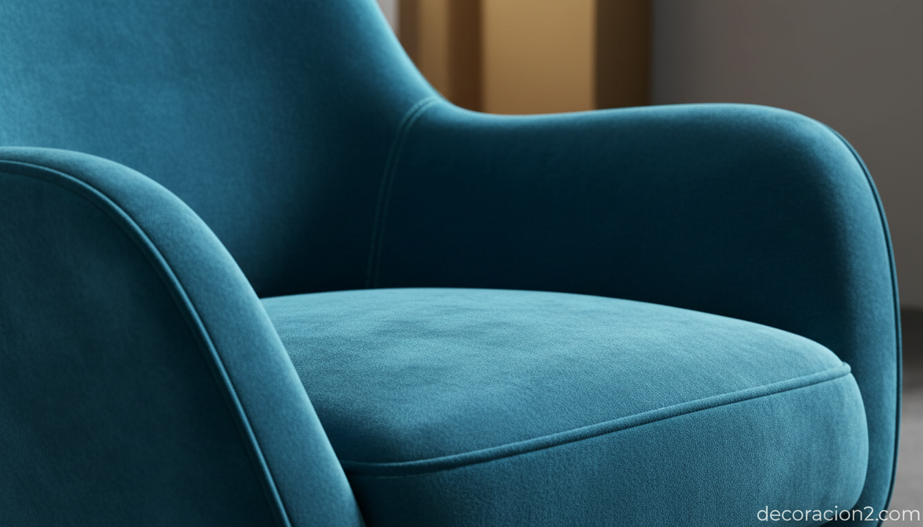 Detalle del tapizado en terciopelo azul de un sillón anatómico ergonómico