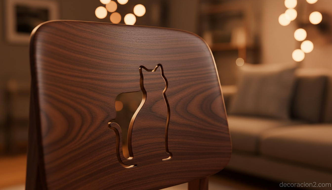 Detalle close-up de silla de madera con silueta de gato tallada en el respaldo