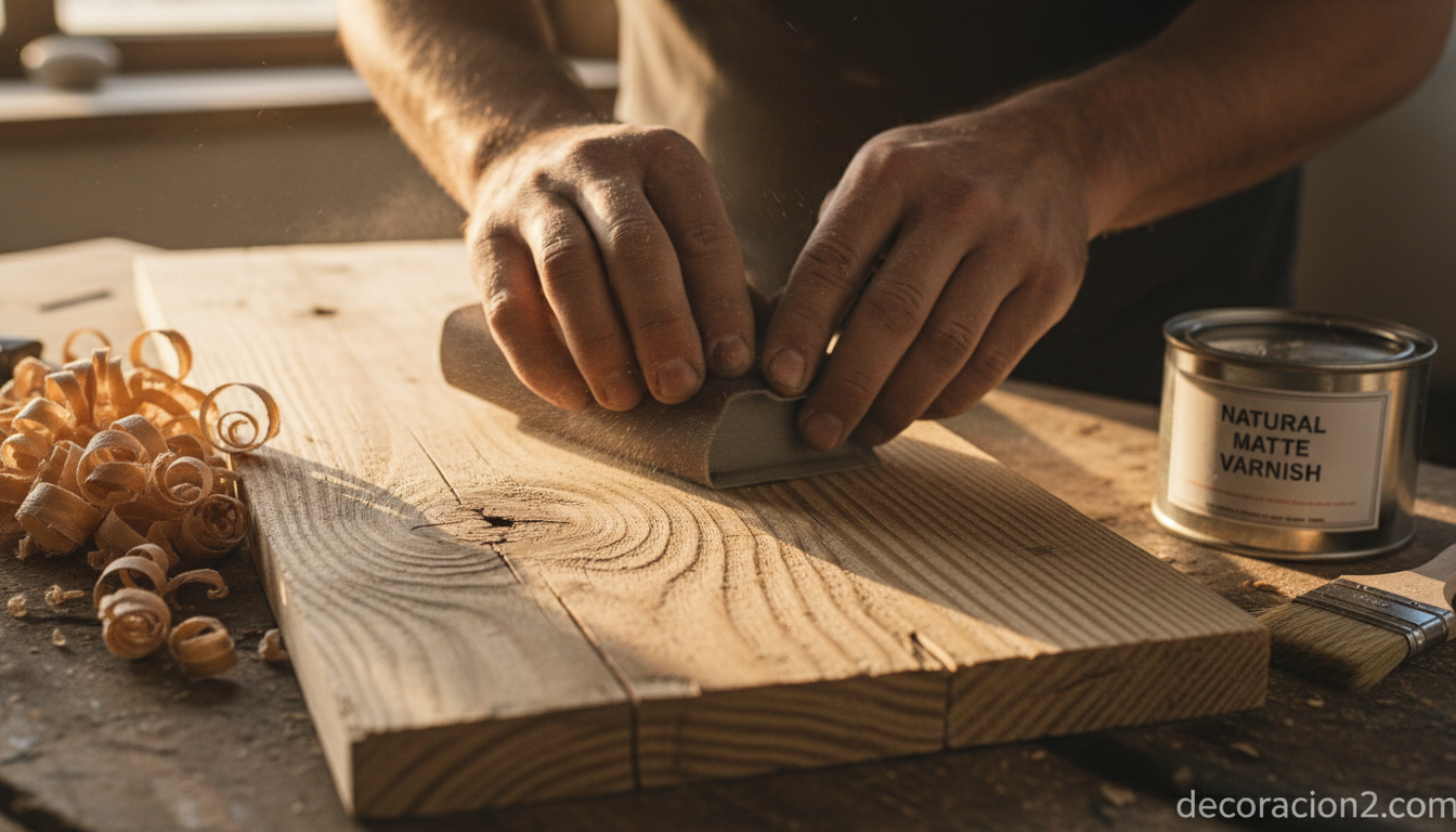 Manos lijando un palet de madera reciclada para hacer muebles DIY