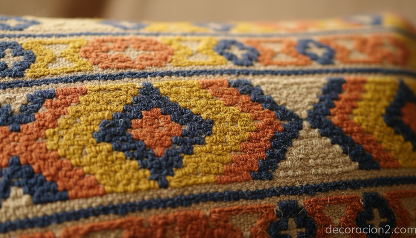 Detalle de cojines étnicos con bordados geométricos en tonos tierra y índigo