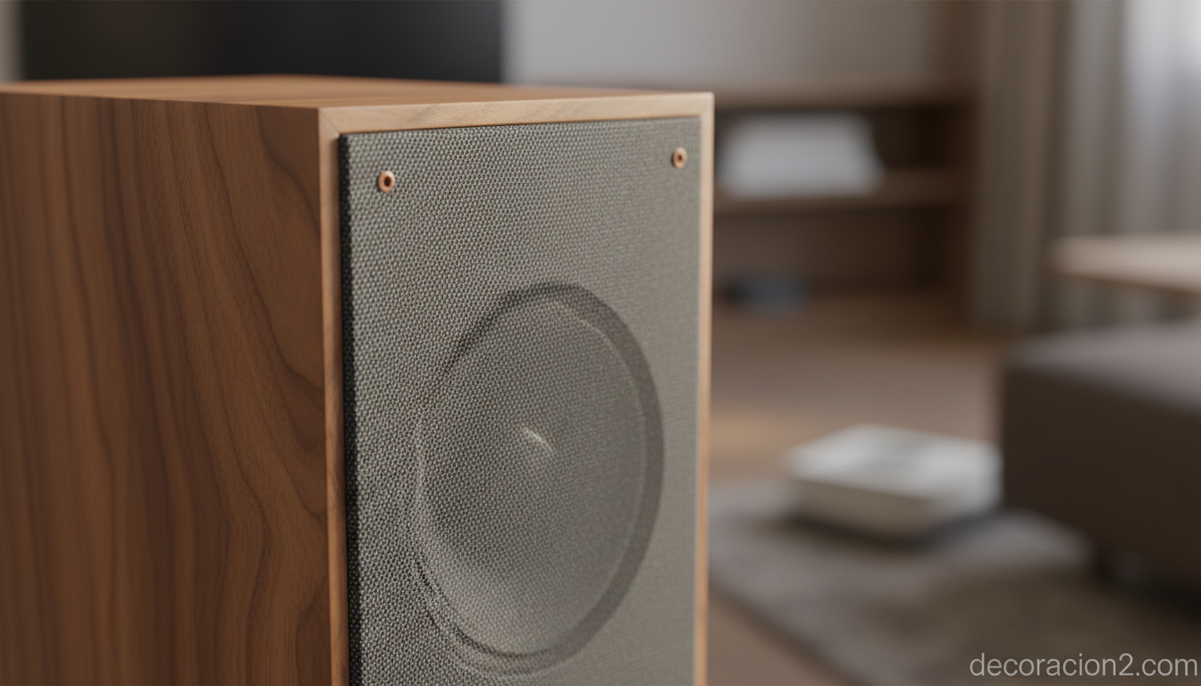 Detalle de altavoz de estantería en madera de nogal con rejilla textil