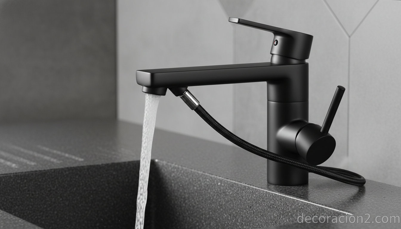 Detalle de grifo monomando negro extraíble para cocina