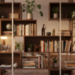 Close-up of a modular bookshelf acting as a room divider in an open-plan apartment, showing books, d