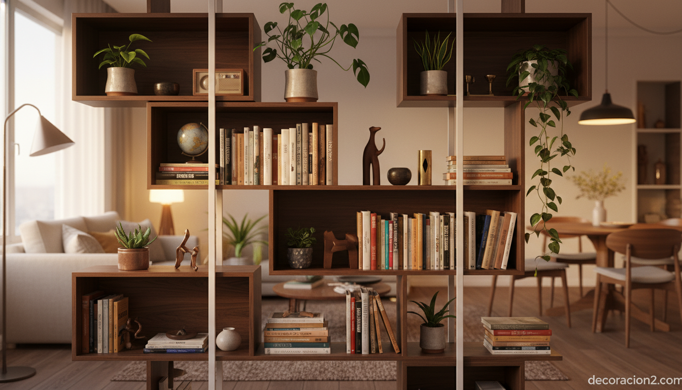 Estantería modular como separador de ambientes en un salón abierto