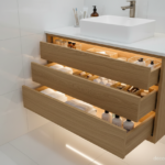 Close-up of a suspended bathroom vanity with soft-close drawers open showing organized interior with