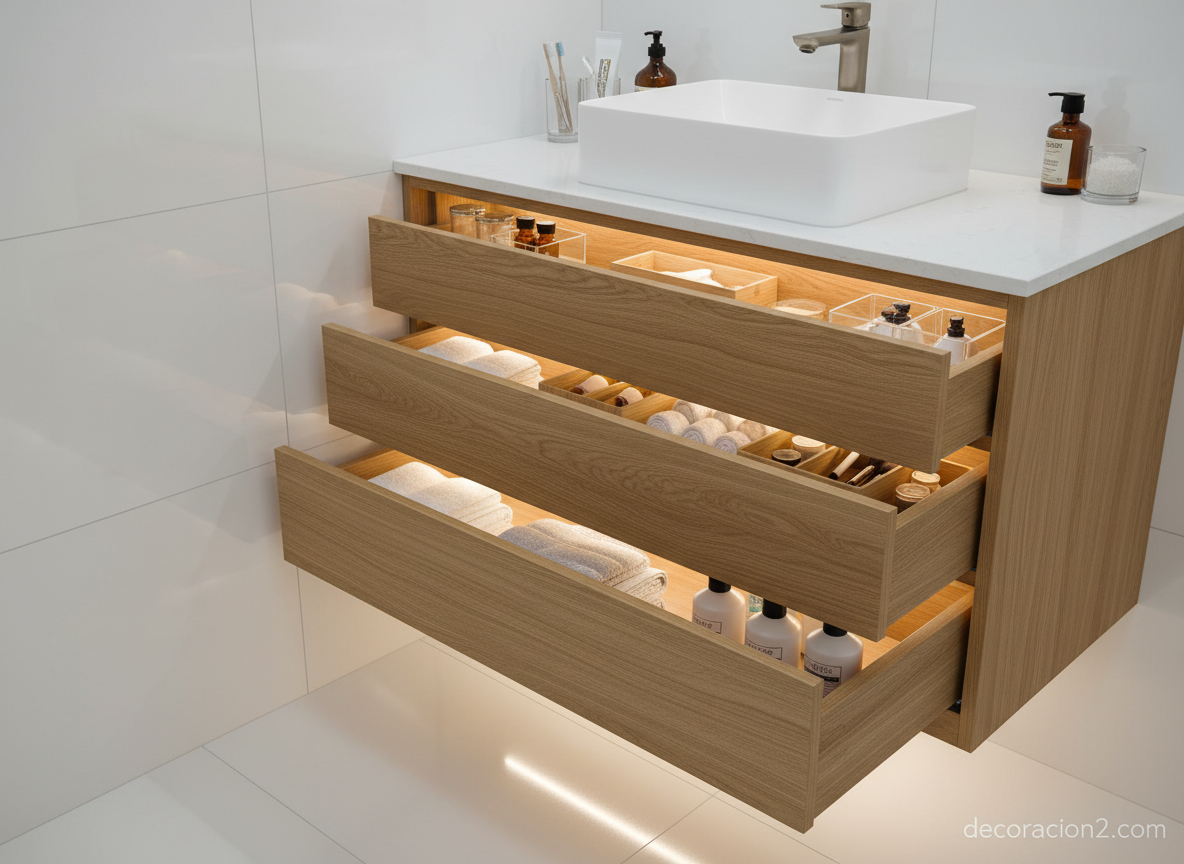 Cajón abierto de mueble de baño suspendido con iluminación LED interior