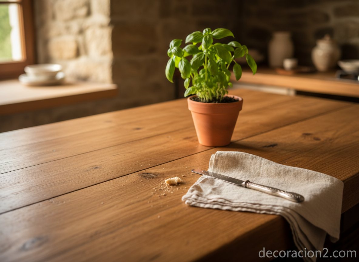 Detalle de barra de cocina de madera con planta aromática