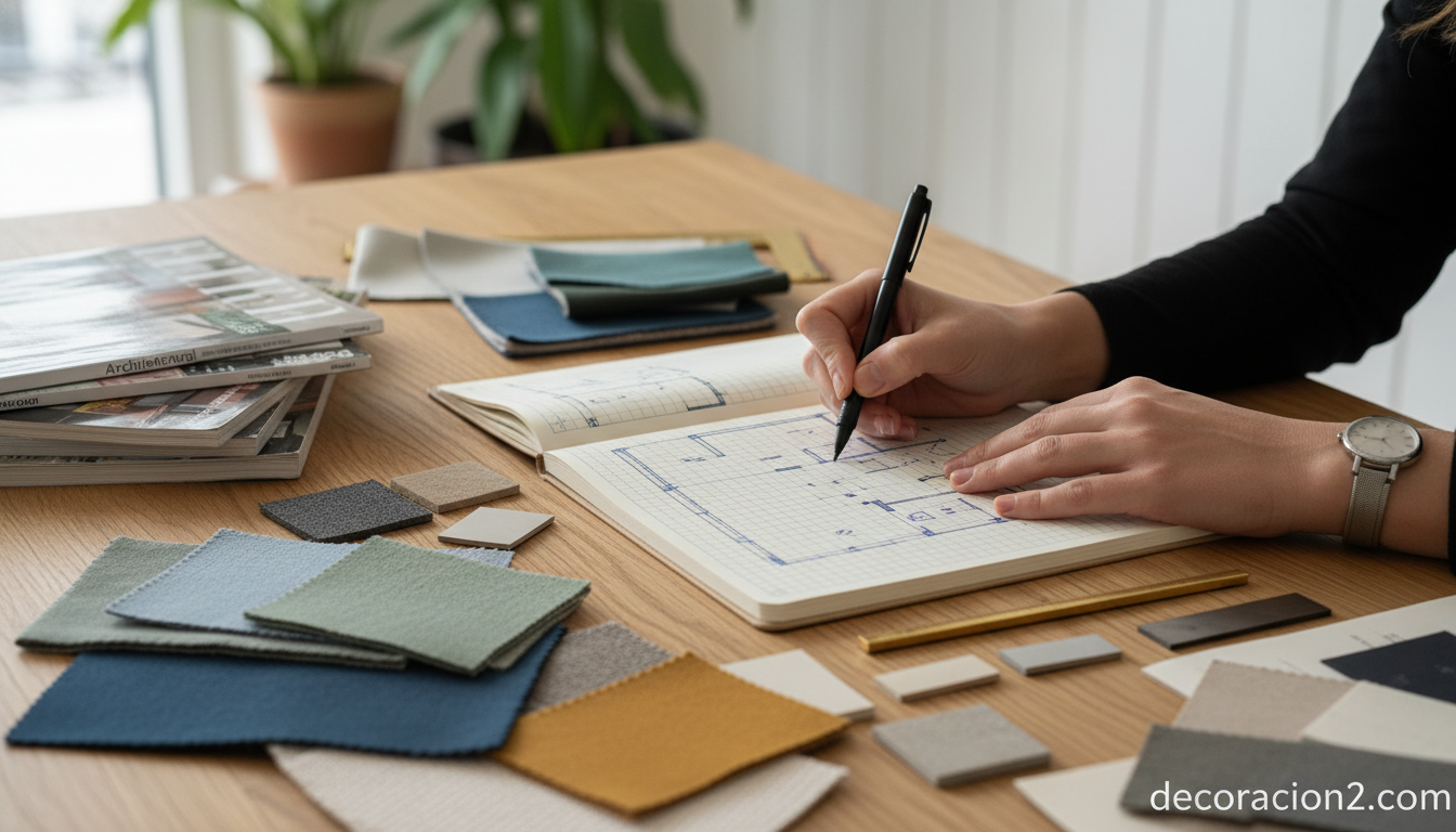 Mesa de trabajo de un diseñador de interiores con bocetos y muestras