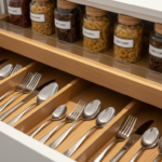 Close-up of an organized kitchen drawer with custom wooden dividers holding cutlery and utensils arr