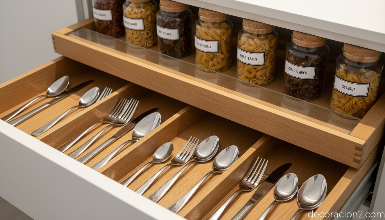 Cajón de cocina organizado con separadores de madera