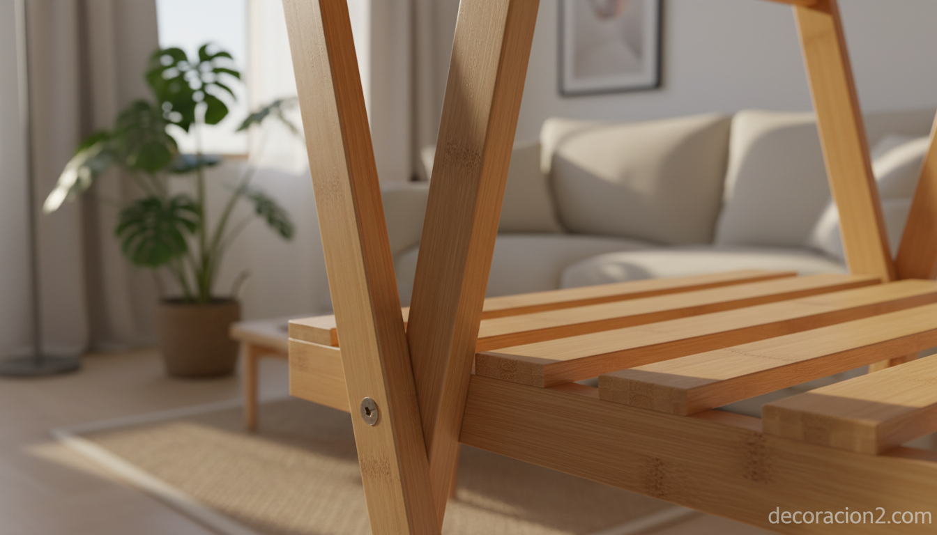 Detalle de estantería plegable de bambú con acabado natural