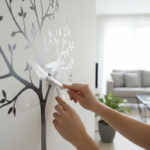 Close-up of hands applying a decorative vinyl wall sticker on a clean white wall, showing the instal
